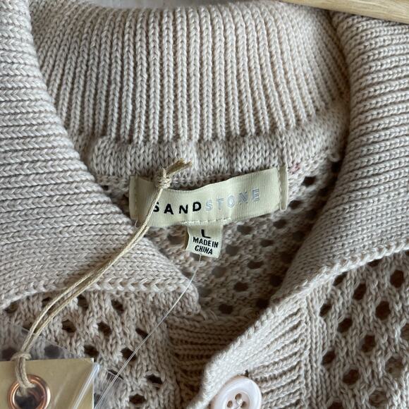Sandstone Mens L Beige Knit Button Down Knit Polo Retro 70s Resort Quiet Luxury - Picture 9 of 10